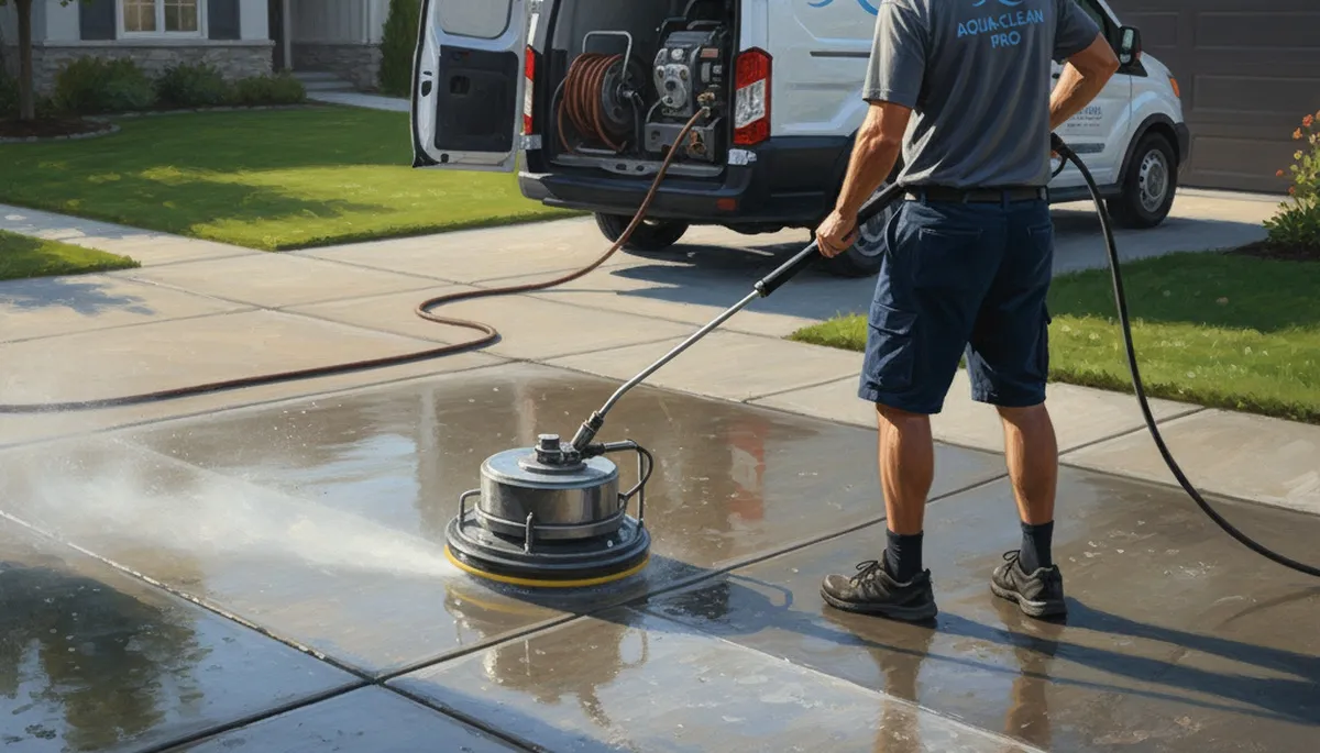 Albany, NY painters pressure cleaning a concrete driveway to remove stains and grime