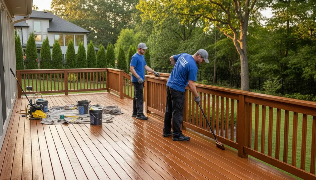 Albany, NY deck staining service by Paint Pros protecting wood from weather damage