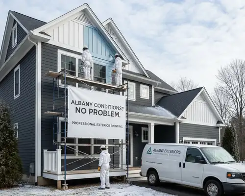 Exterior painting services built for Albany, NY conditions on a professional painting business homepage widget
